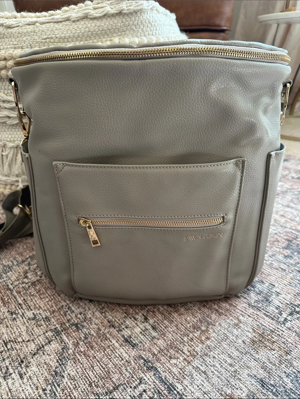 Fawn Design Light Grey Baby Bag Backpack with Gold Hardware